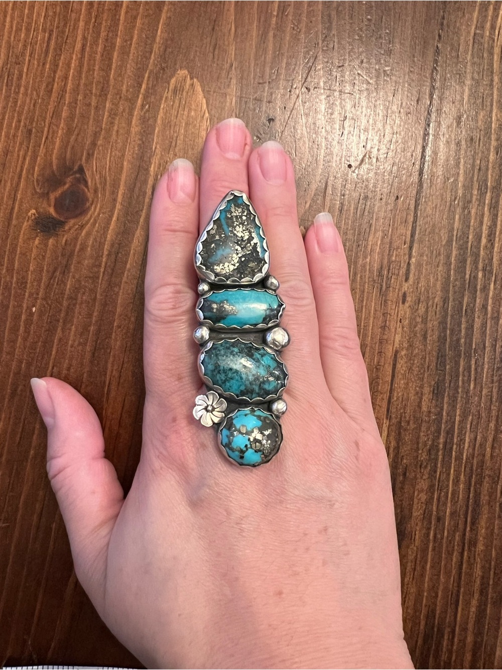 Turquoise Multi-Stone Statement Ring - Silver Floral Accent